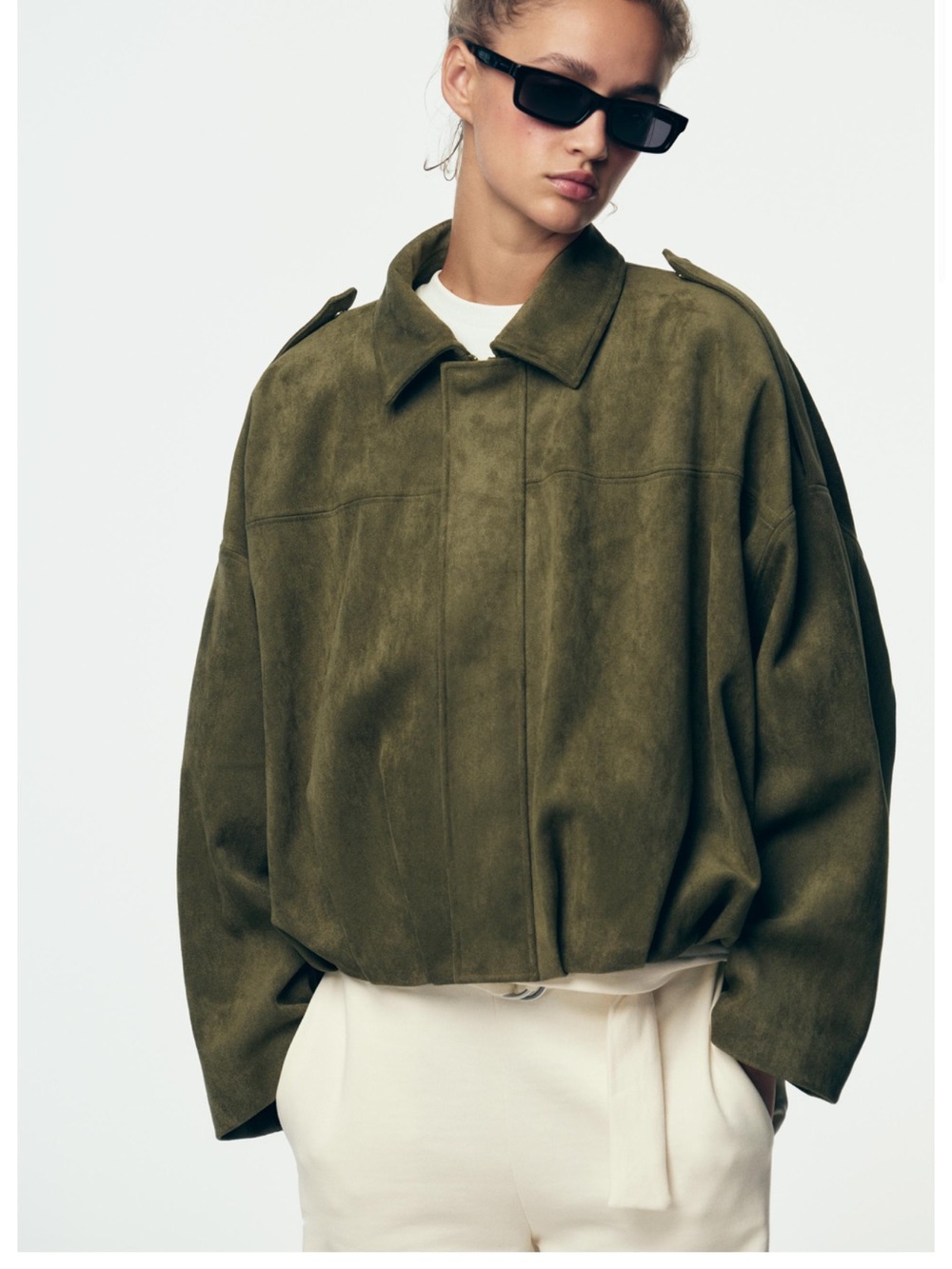 Zara Olive Green Suede Bomber Jacket